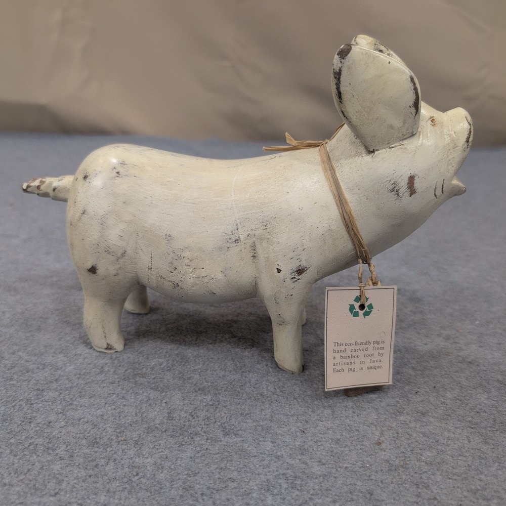 Hand Carved Bamboo Root Pig Figurine Gracie Java Indonesia Eco Friendly White - Picture 2 of 4